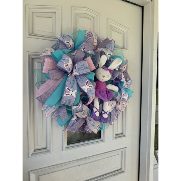 Purple Ballerina Bunny Rabbit Mesh Ribbon Easter & Spring Wreath Door Hanger xxx - Picture 7 of 7